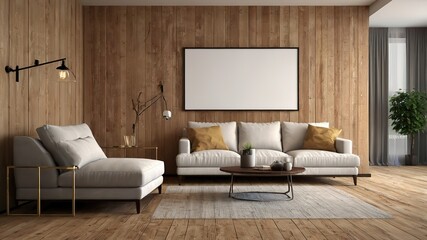 Contemporary living room with blank poster on wooden wall. 3D Rendering, Mockup Frame. High Resolution