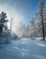 霧と雪に覆われた森の中、朝の光が反射する幻想的な雪景色
