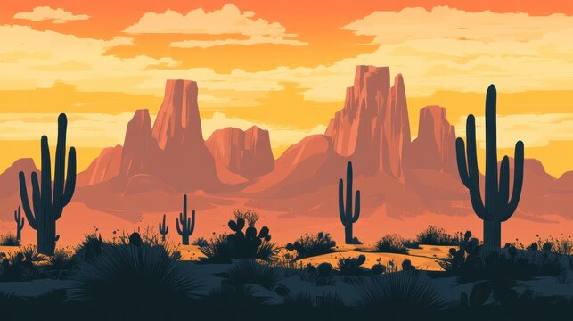 Illustration of the desert during the day with cactus silhouettes in the sky, with a beautiful panorama.