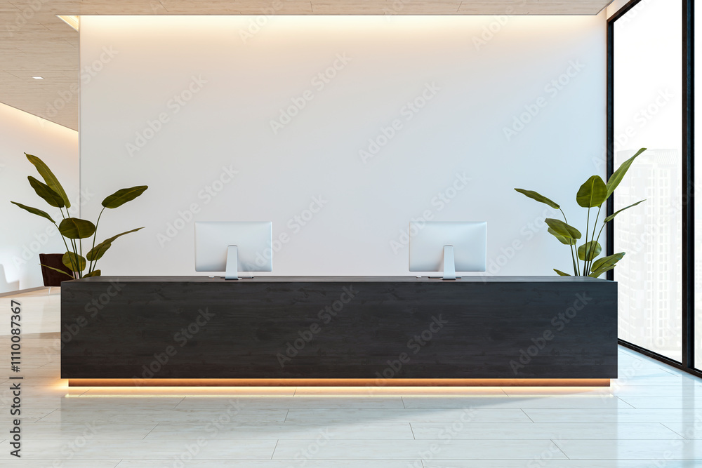 Aufkleber modern reception interior with dark desk, computers, and plants in empty corporate lobby with large 