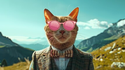 A cat wearing sunglasses and a suit with a tie.