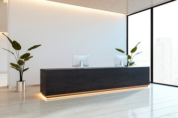 Modern reception desk in an elegant corporate interior with plants, backlit lighting, and large...