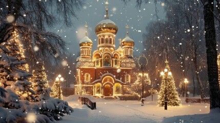 A snow-covered church illuminated at night, surrounded by trees and festive decorations.