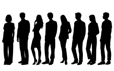 Vector silhouettes of  men and a women, a group of standing   business people, profile, black isolated on white background