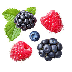 A variety of mixed berries, including raspberries, blueberries, blackberries, and a green leaf on transparent background.