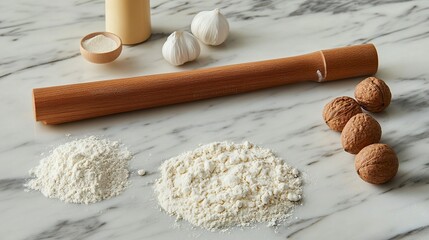 Baking ingredients flour, walnuts, garlic, rolling pin on marble.
