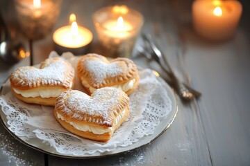 Heart-shaped pastry, cookies, biscuits on a white plate, white wooden background with candles. Valentine's Day, birthday, love-themed designs, ads, or holiday promotions, love concept.