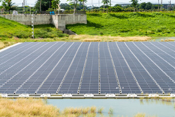 View of the floating Solar power system on the flood detention basin in Kaohsiung, Taiwan.