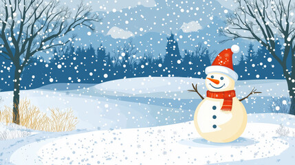 Fototapeta premium Merry christmas and happy new year greeting card with copy-space.Happy snowman standing in winter christmas landscape.Snow background