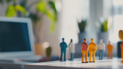 A cluster of different figurines on a desk with a blurred home office background, emphasizing diversity, equity