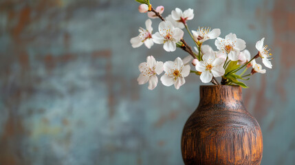 A branch of white cherry in a rustic wooden interior