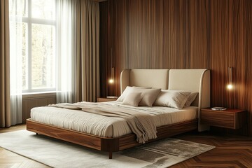 Fototapeta premium Minimalist Bliss: Modern Bedroom with Panoramic Views