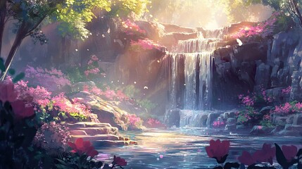 Serene waterfall cascading into a tranquil pool, surrounded by vibrant pink flowers and lush greenery in a sunlit forest.