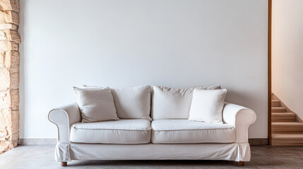Cozy white sofa against a plain wall near a staircase in a modern living space
