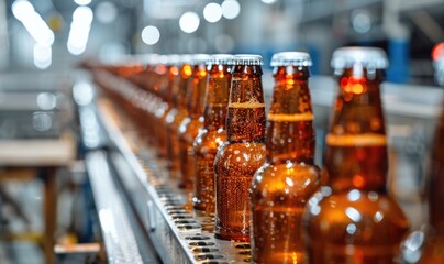 Row of beer bottles on conveyor belt