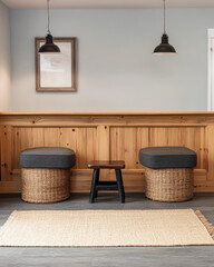 Cozy interior with woven seating and minimalist decor in a warm setting