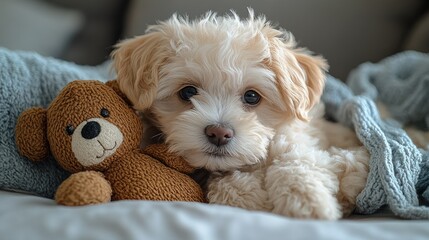 A cute puppy snuggles with a teddy bear under a cozy blanket, exuding warmth and comfort.