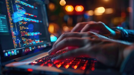 A close-up shot of hands typing on a laptop keyboard with code visible on the screen. The image is lit by warm, ambient light.