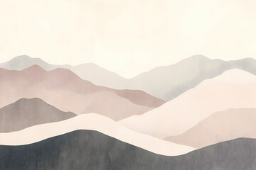 Soft, abstract landscape featuring layered mountains in muted tones.
