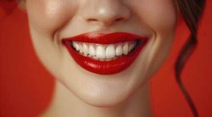 Fototapeta premium Closeup of woman smiling with red lipstick