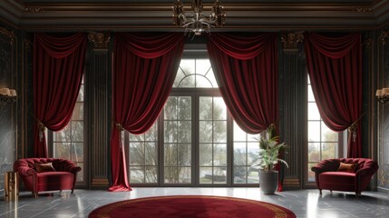 Elegant living room with red curtains and large windows
