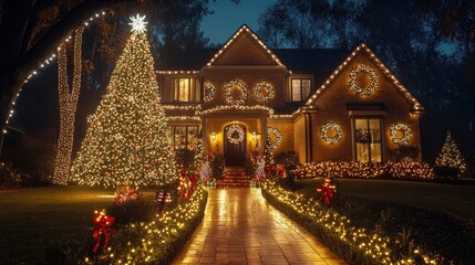 A playful holiday bungalow with oversized ornaments and candy canes in the yard, a colorfully decorated porch, and whimsical Christmas decor.