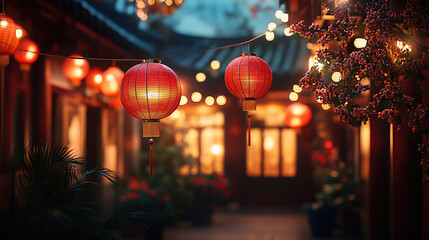 Chinese New Year, red lanterns hanging in the courtyard at night, warm lights illuminating the scene