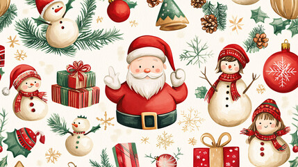 Retro-style Christmas postcard, cheerful flat watercolor clipart. Featuring Santa Claus, children making snowmen, mistletoe, Christmas ornaments, and presents,   'Merry Christmas' is written with a bo