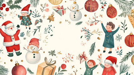 Fototapeta premium Retro-style Christmas postcard, cheerful flat watercolor clipart. Featuring Santa Claus, children making snowmen, mistletoe, Christmas ornaments, and presents, 'Merry Christmas' is written with a bo