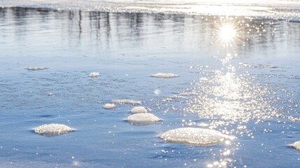 A breathtaking journey across icy lakes reveals cracks and bubbles surrounded by a serene winter wonderland, illuminated by sparkling sunlight