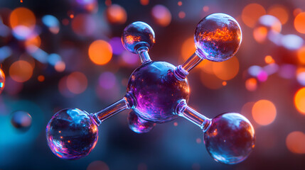 Abstract molecule model with glowing spheres and connecting rods.