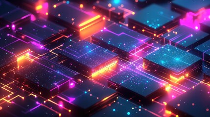 Futuristic Digital Circuit Board with Glowing Lines, Colorful Lights, and Abstract Patterns Representing Advanced Technology and Innovation in Cyber Space