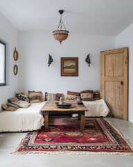 Cozy living room with rustic decor and traditional textiles in a serene environment