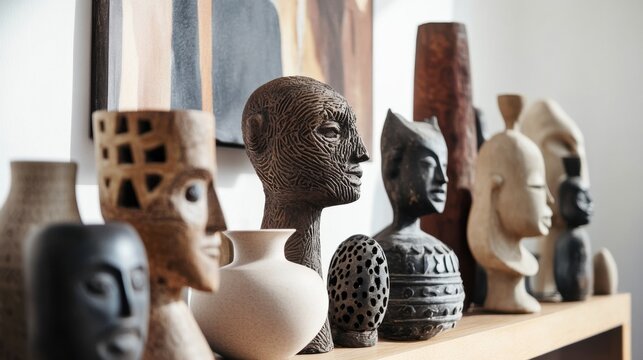 A collection of diverse cultural artifacts displayed on a table, representing the richness of global heritage, minimalistic photography style