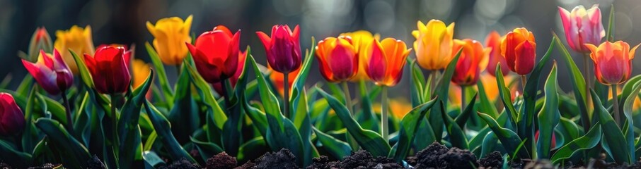 A close-up shot of a vibrant flowerbed filled with colorful tulips in full bloom.