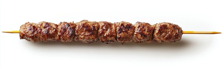 Photo of an Asian-style kebab with meat on a wooden stick, isolated on a white background. 