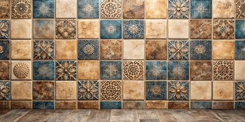Elegant Mosaic Tile Wall with Wood Floor Background