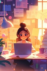 A young woman works on her laptop at a desk cluttered with papers and books, bathed in warm sunlight streaming through a window.