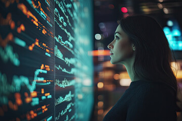 Investor following global stock indexes on a large, interactive digital display