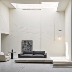 Generative AI, A Minimalist Living Room Showcasing Hand-Textured Plaster Walls, a Charcoal Gray Sofa, and Artistic Details for a Modern, Gallery-Inspired Aesthetic