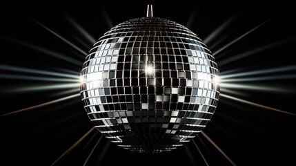 Silver disco ball reflecting light on black background