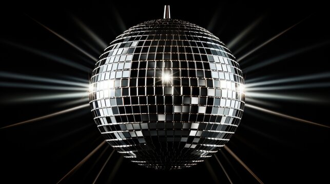 Silver disco ball reflecting light on black background