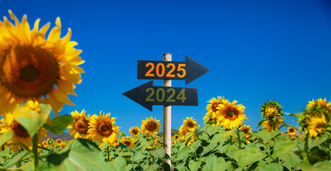 2025  to the right and 2024 to the left. road signs in the sunflower garden. start to be Successful...