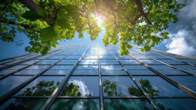 Modern office building with green trees