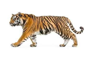 Obraz premium Majestic Tiger in Motion: Side View Photography on a White Background