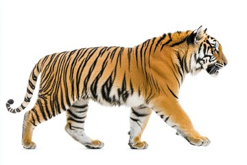 Obraz premium Majestic Tiger in Motion: Side View Photography on a White Background