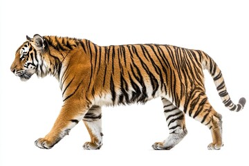 Obraz premium Majestic Tiger in Motion: Side View Photography on a White Background