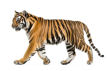Naklejka premium Majestic Tiger in Motion: Side View Photography on a White Background