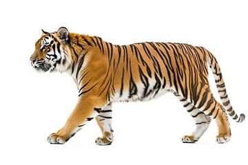 Fototapeta premium Majestic Tiger in Motion: Side View Photography on a White Background