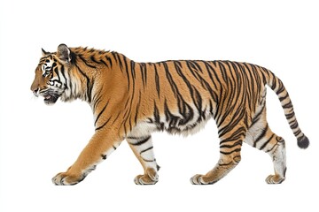 Fototapeta premium Majestic Tiger in Motion: Side View Photography on a White Background
